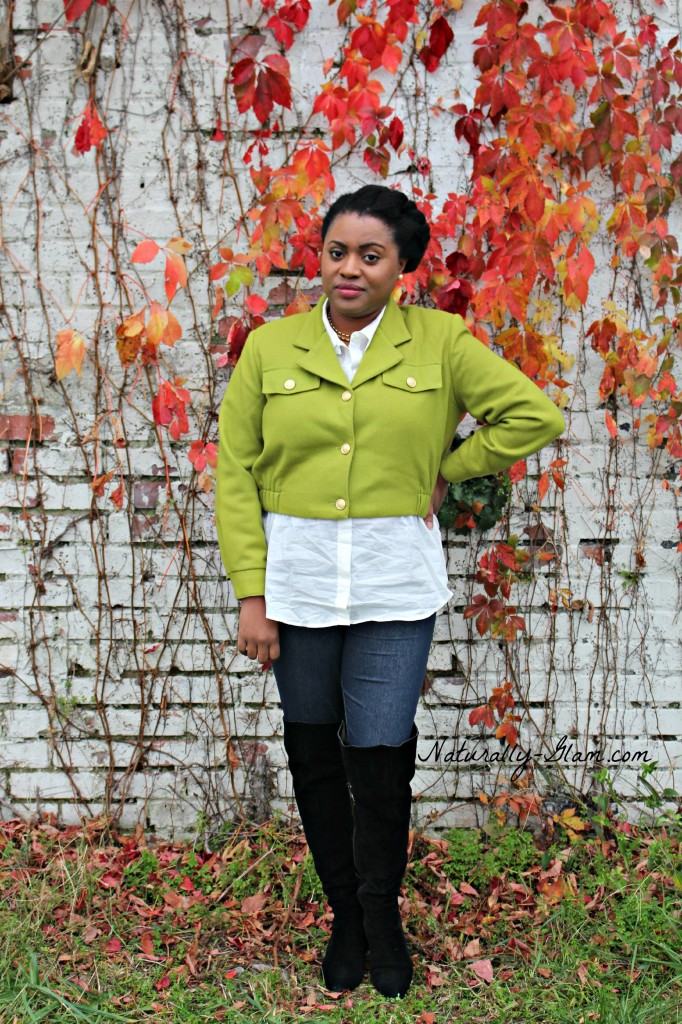 green crop jacket, fall leaves, button down shirt, thigh high boots