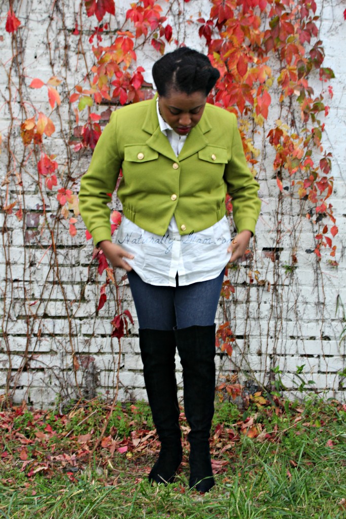 green crop jacket, thigh high boots, button down shirt