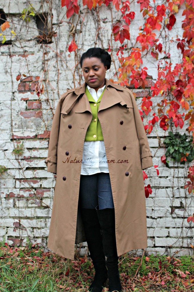 green crop jacket, thigh high boots, button down shirt, etienne signer trench coat