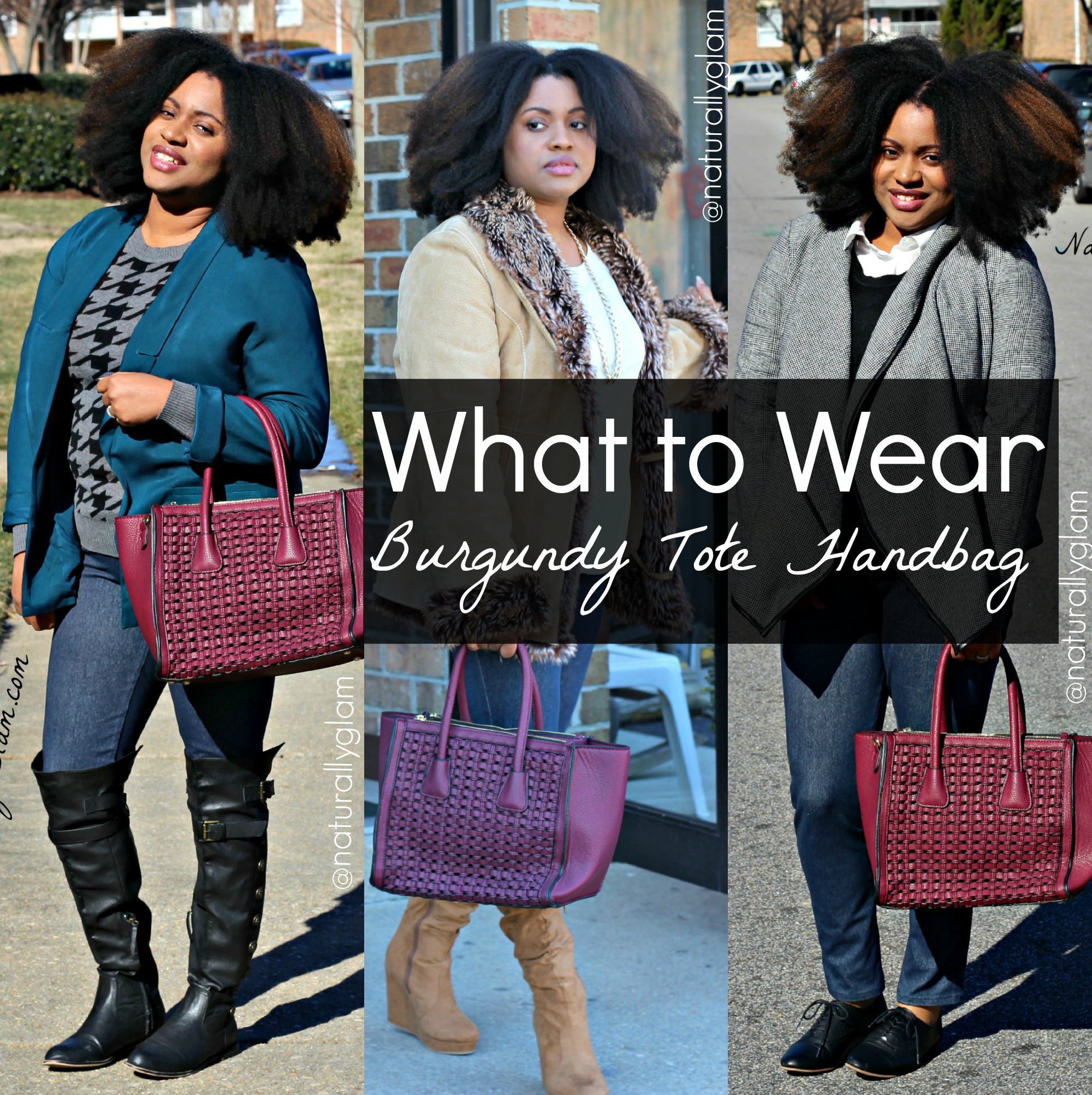 burgundy tote handbag, black women wearing different outfits, clothing and fashion