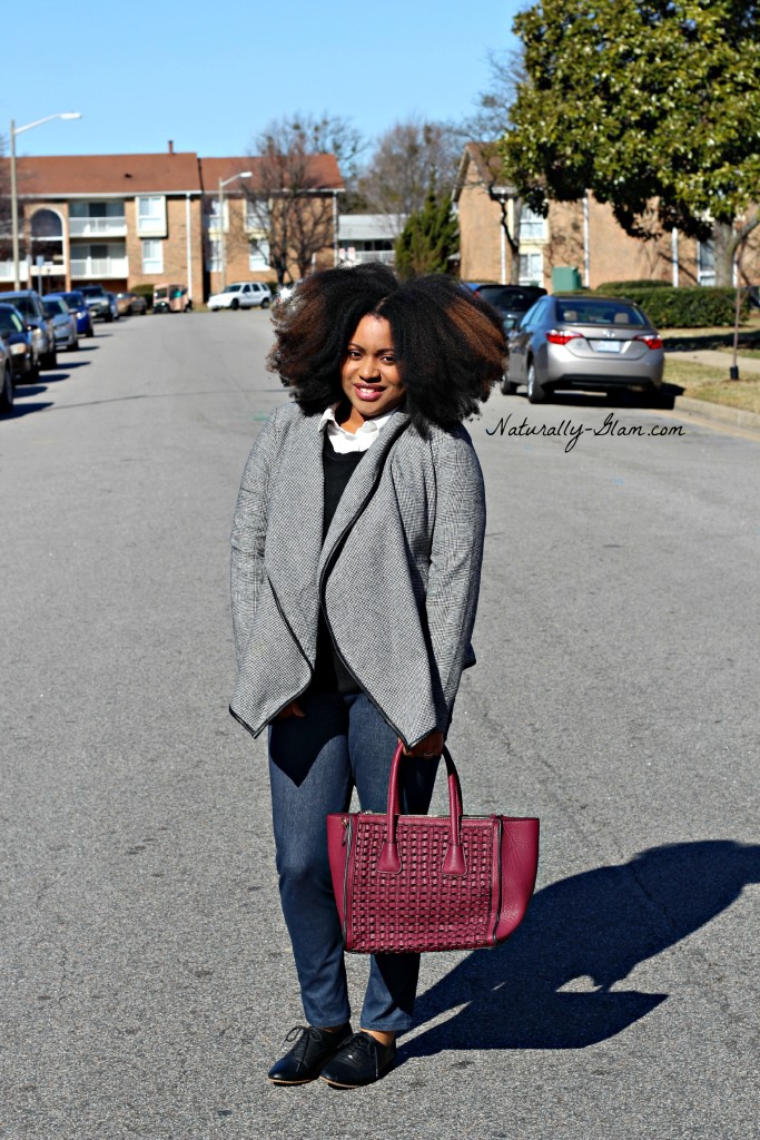 Jonna of Naturally Glam wearing burgundy tote handbag, houndstooth shawl front blazer, black sweater over button down shirt, oxford shoes