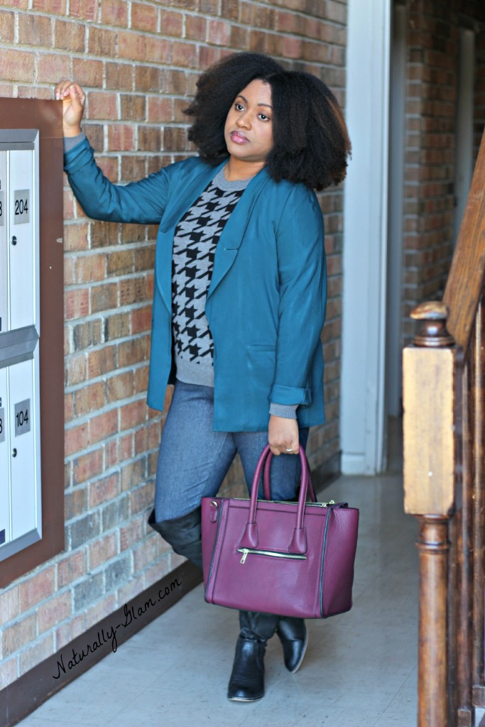 black woman with big natural hair, burgundy tote handbag, teal boyfriend blazer, houndstooth sweater, over the knee boots