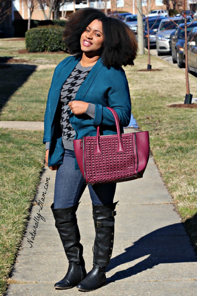 black woman with big natural hair, burgundy tote handbag, teal boyfriend blazer, houndstooth sweater, over the knee boots