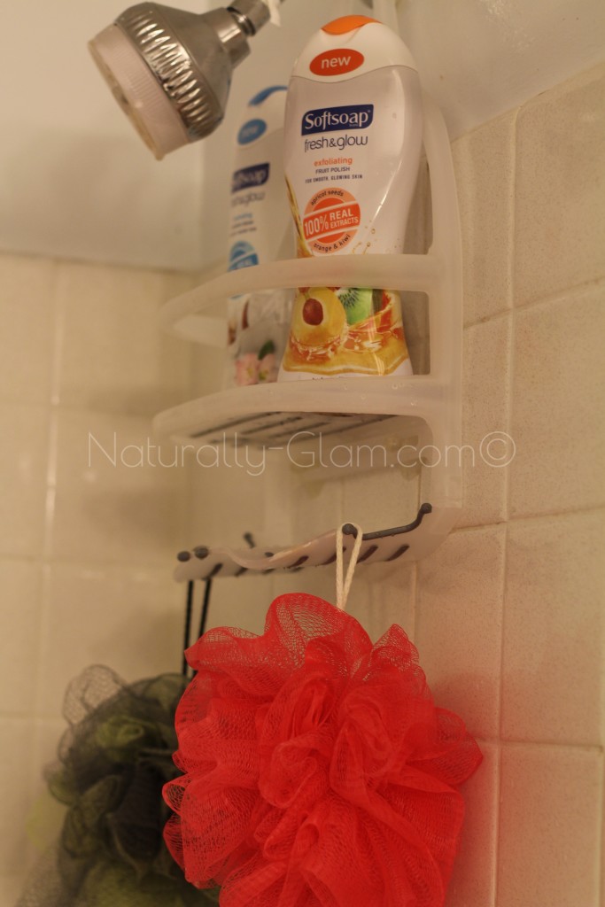 Softsoap Fresh and Glow body wash in the shower caddy