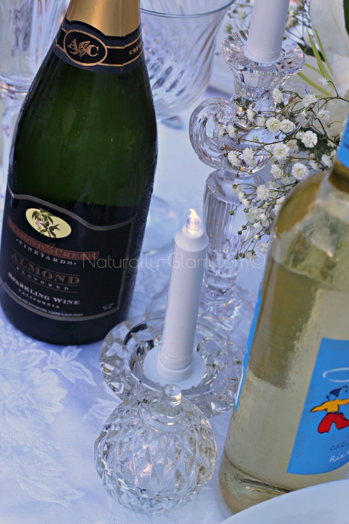 crystal candleholders, led candle, almond sparkling moscato