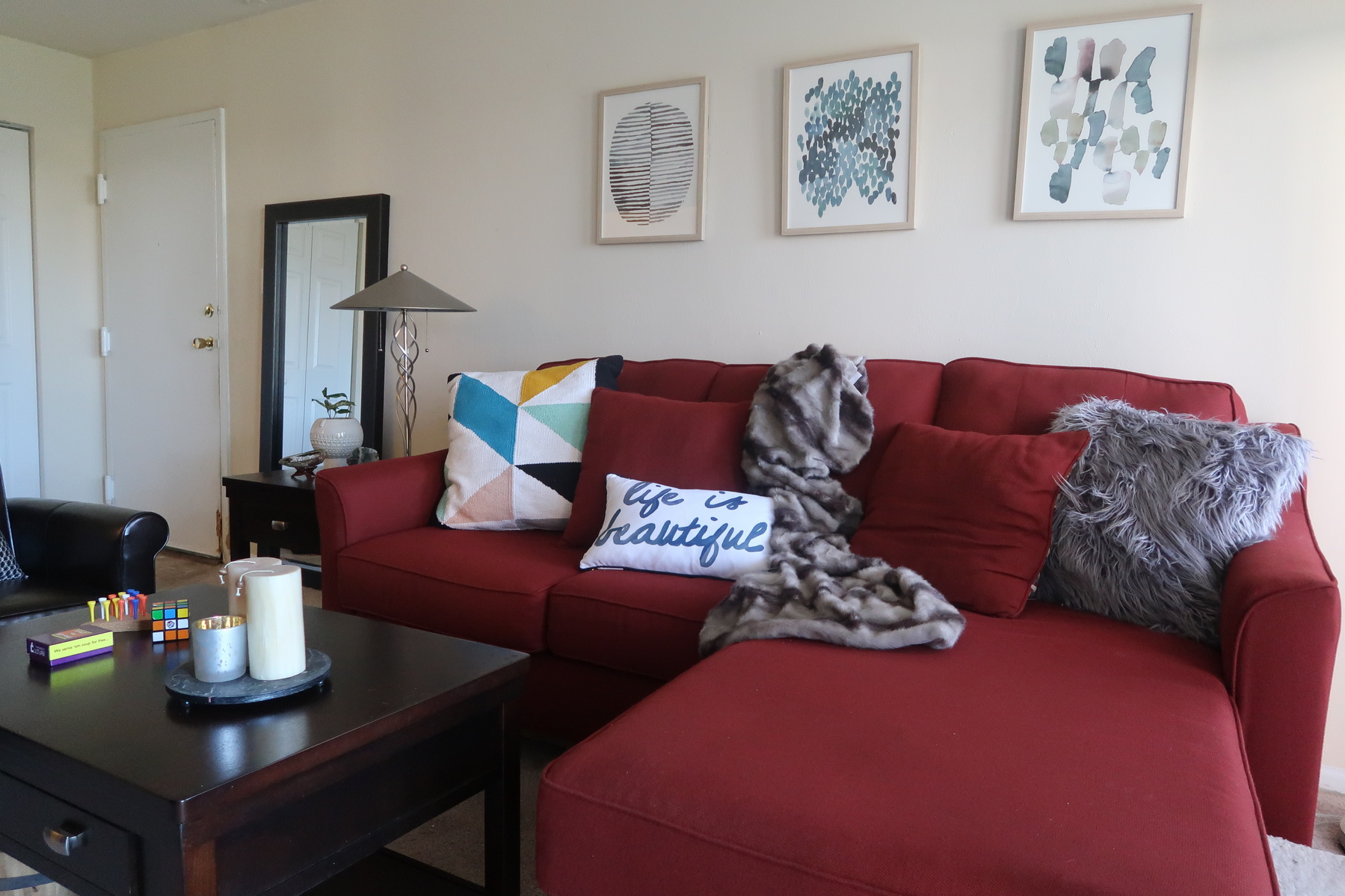 red sofa in living room decor