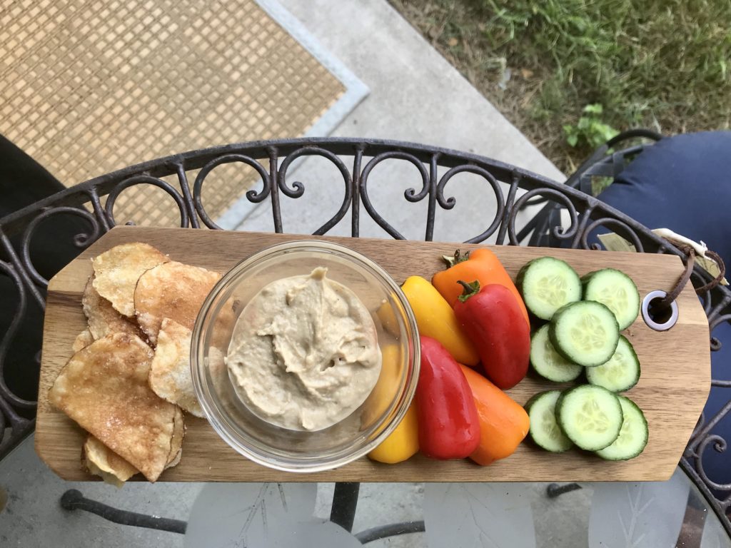 neighborhood harvest, Suffolk, virginia, local produce, hummus with chips, mini peppers, and cucumbers